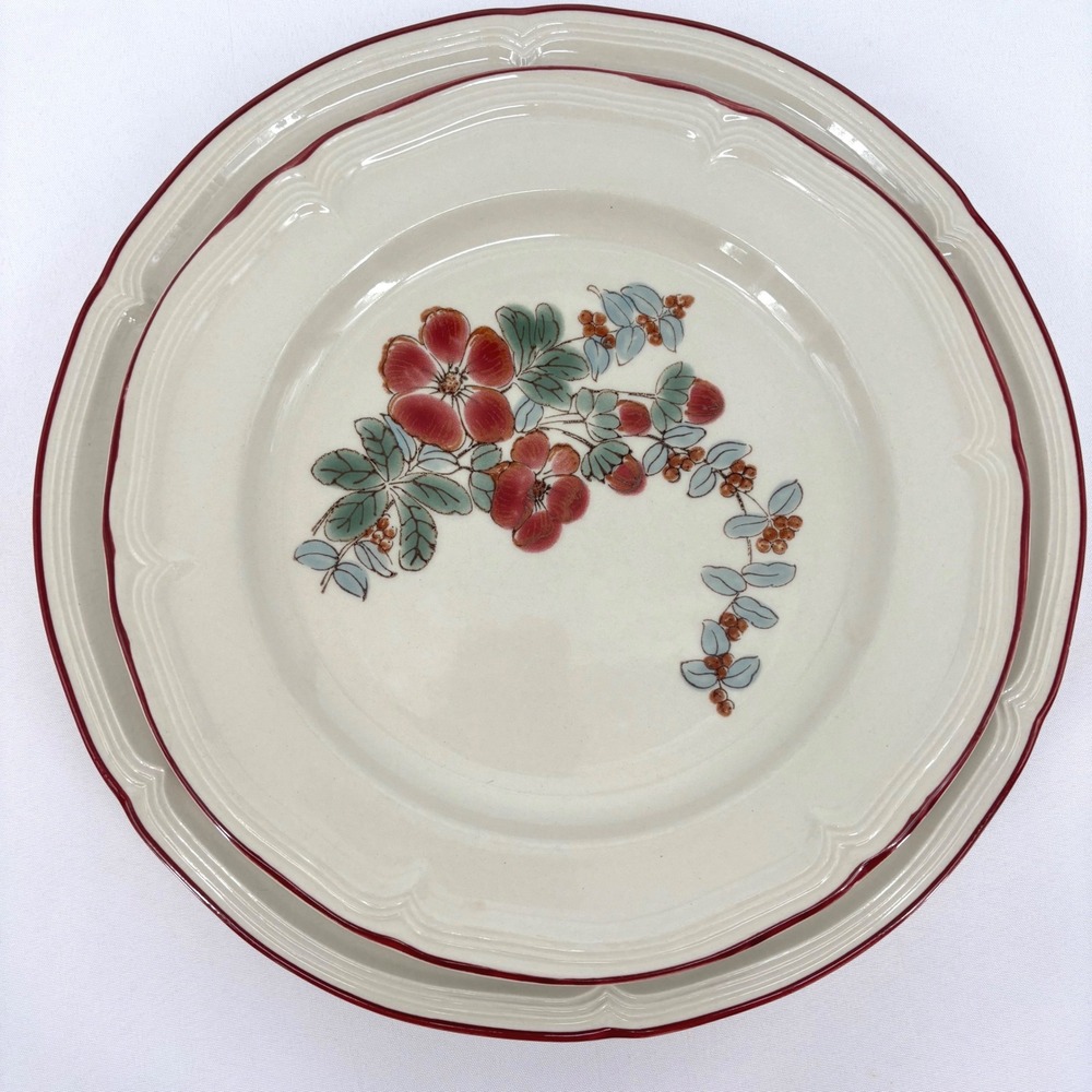 Finesse Carolyn Stoneware Platter and Plate Japan Floral Red Berry Set of 2